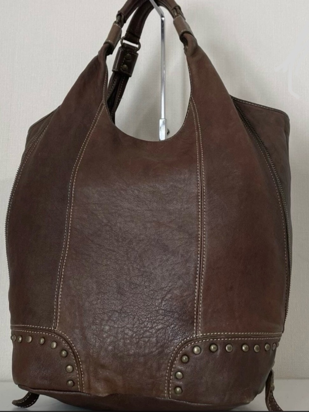 Ipa Nima Brown Leather Slouch Tote Bag Studded Hobo Shoulder Bag Large Boho